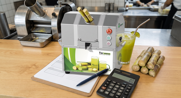 Cost calculation worksheet beside fresh sugarcane juice and commercial equipment