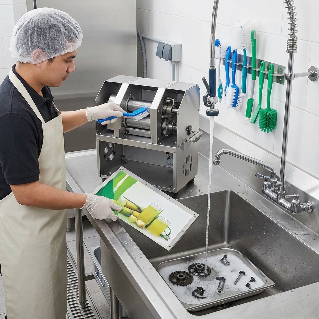 Operator cleaning accessible components of a commercial sugarcane juicer