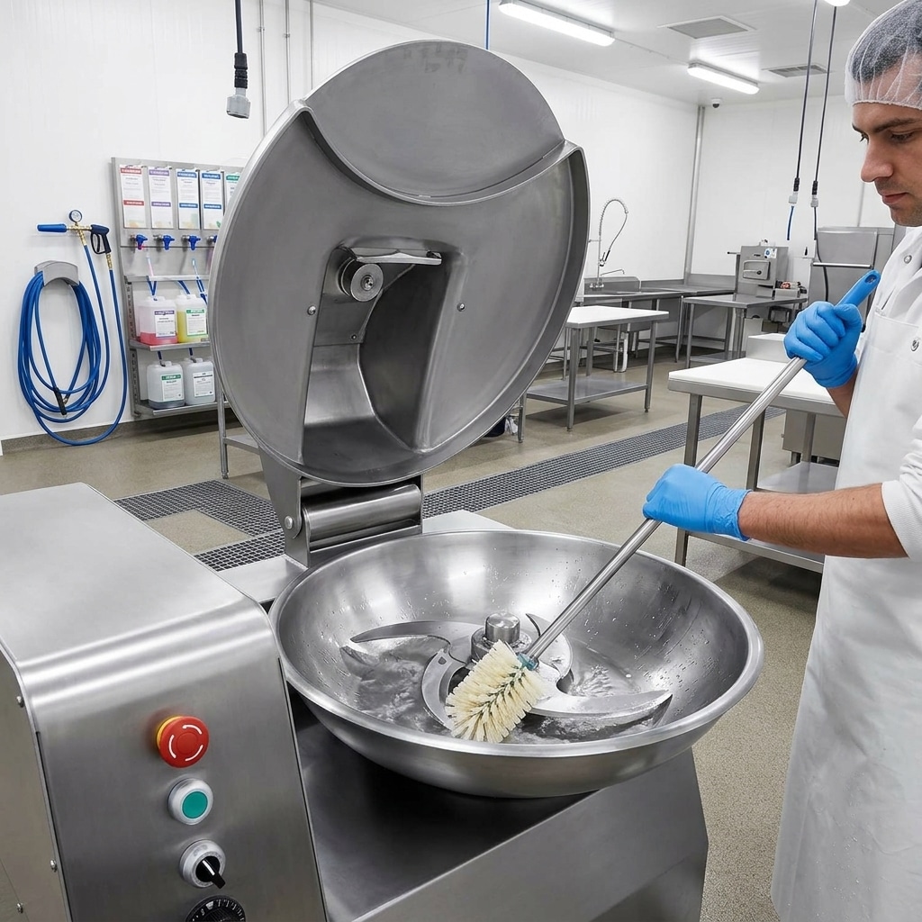 Operator cleaning an isolated commercial bowl cutter in a food processing facility