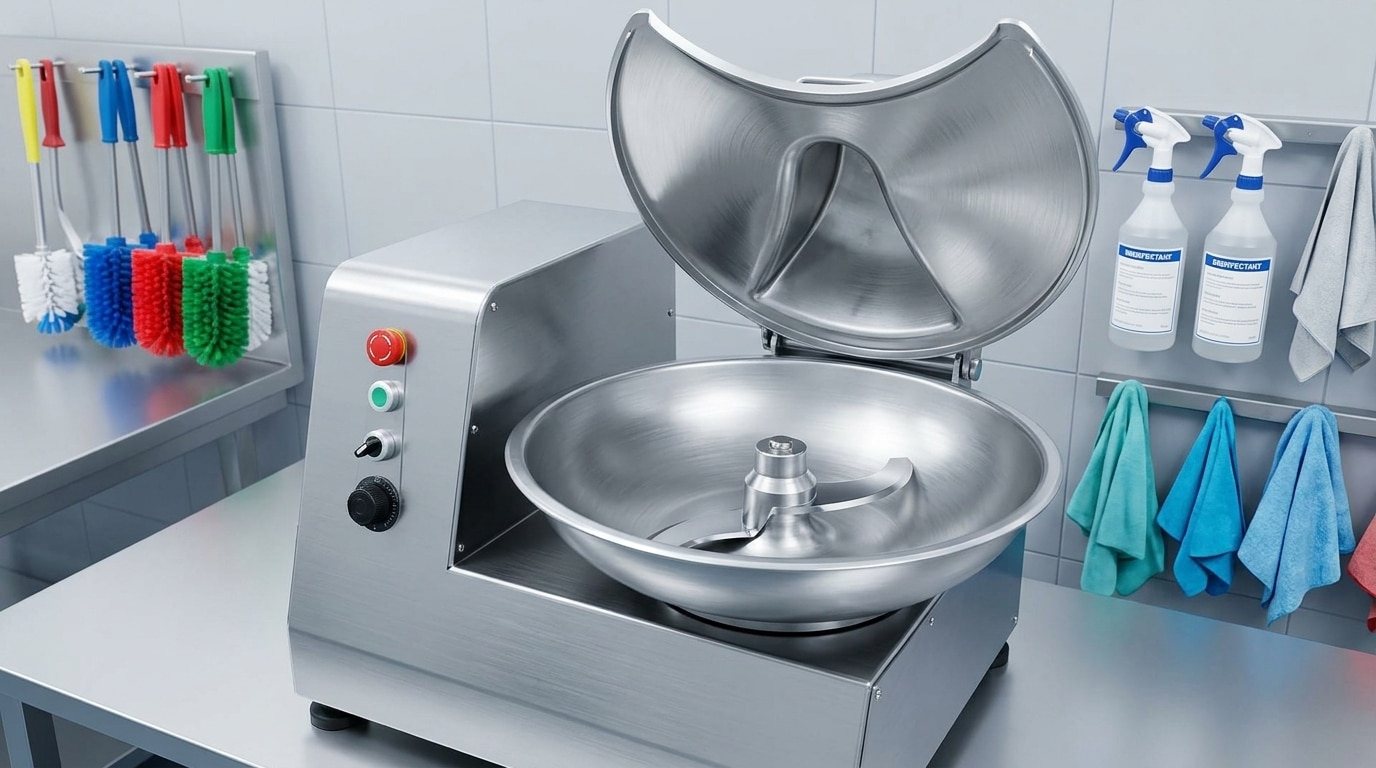 Commercial bowl cutter prepared for a safe cleaning procedure