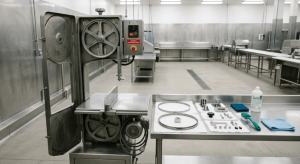 Commercial meat bone saw prepared for a safe cleaning routine in a food-processing workspace