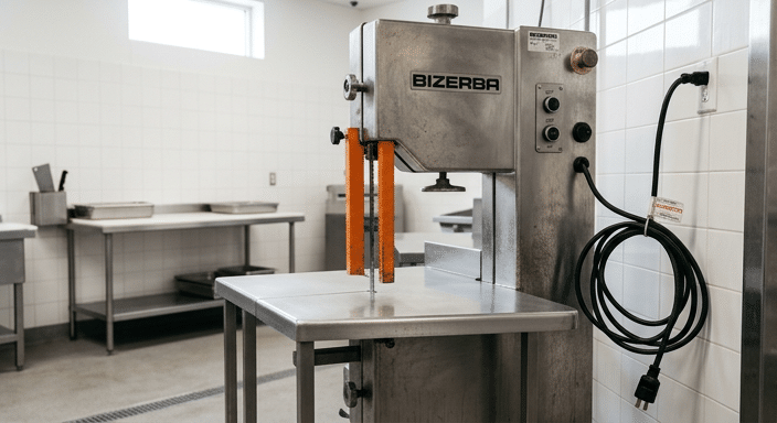 Isolated commercial meat bone saw before cleaning