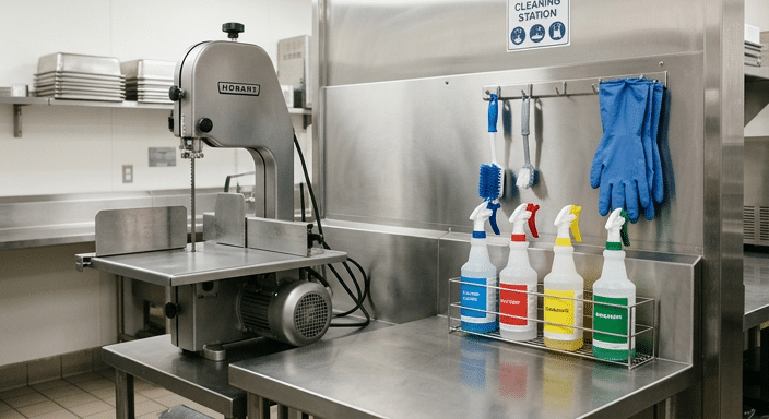 Cleaning supplies and protective equipment prepared for a commercial meat bone saw