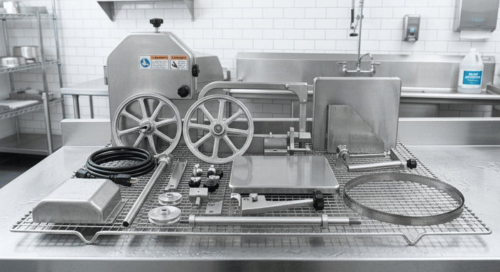 Cleaned removable components of a commercial meat bone saw drying on a rack