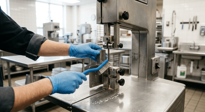 Cleaning the fixed table and guide surfaces of a commercial meat bone saw