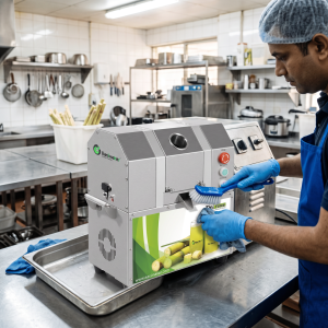 Operator performing daily cleaning on a commercial sugarcane juice machine