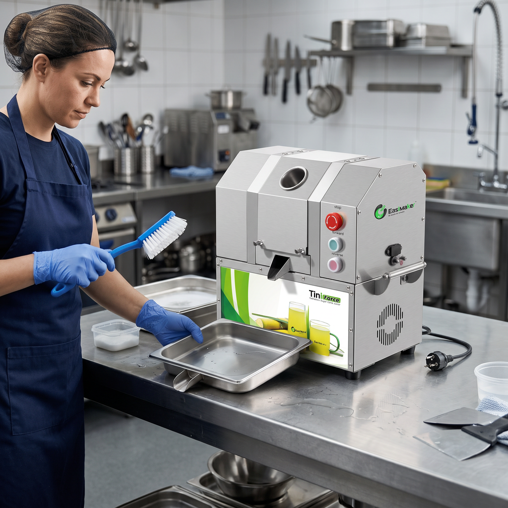Commercial sugarcane juice machine prepared for daily cleaning