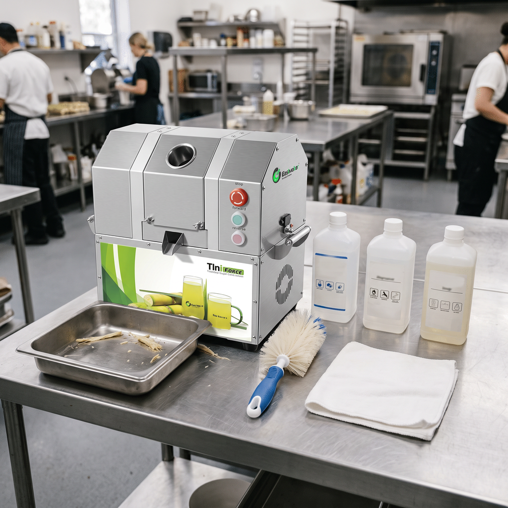 Approved cleaning tools prepared beside a commercial sugarcane juice machine