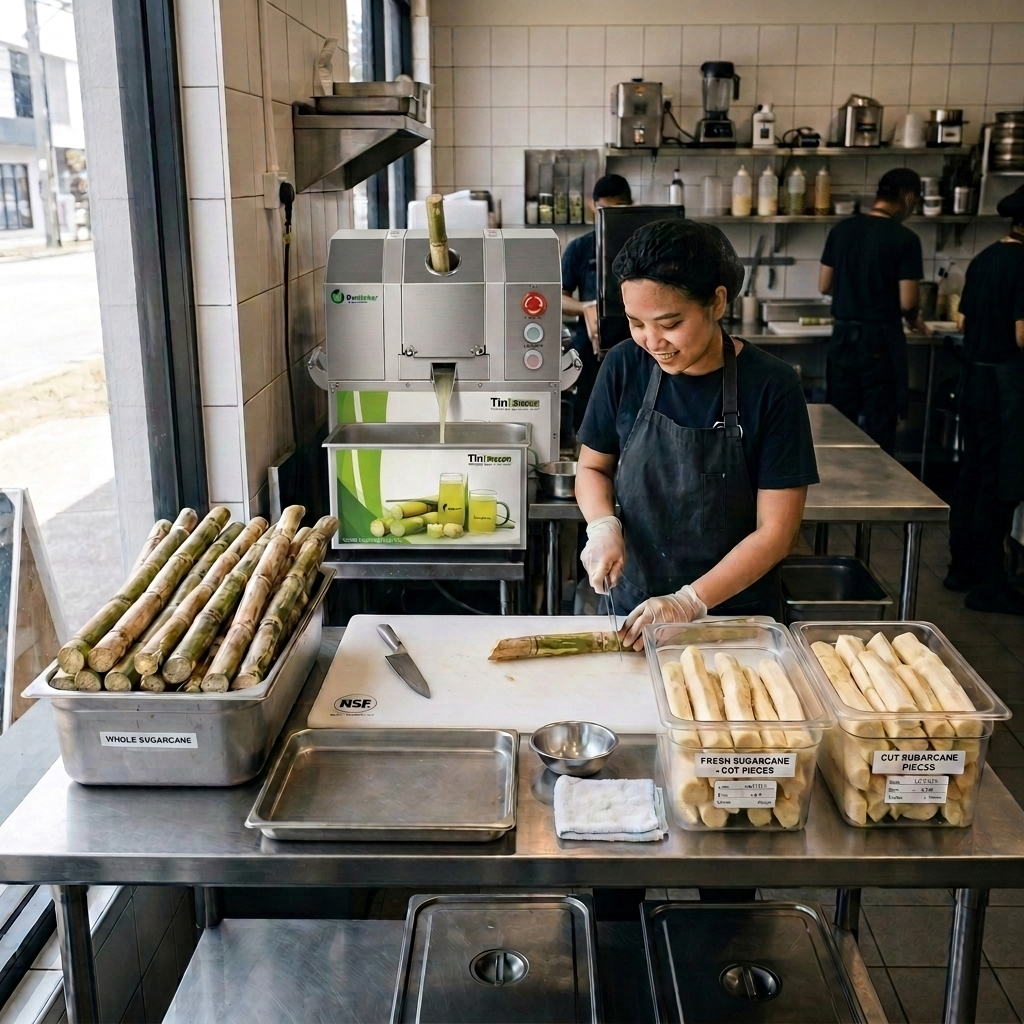 Clean commercial sugarcane preparation station before juicing