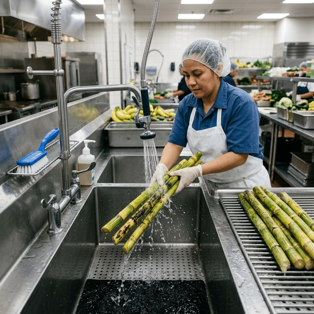 Washing sugarcane at a commercial shop preparation station