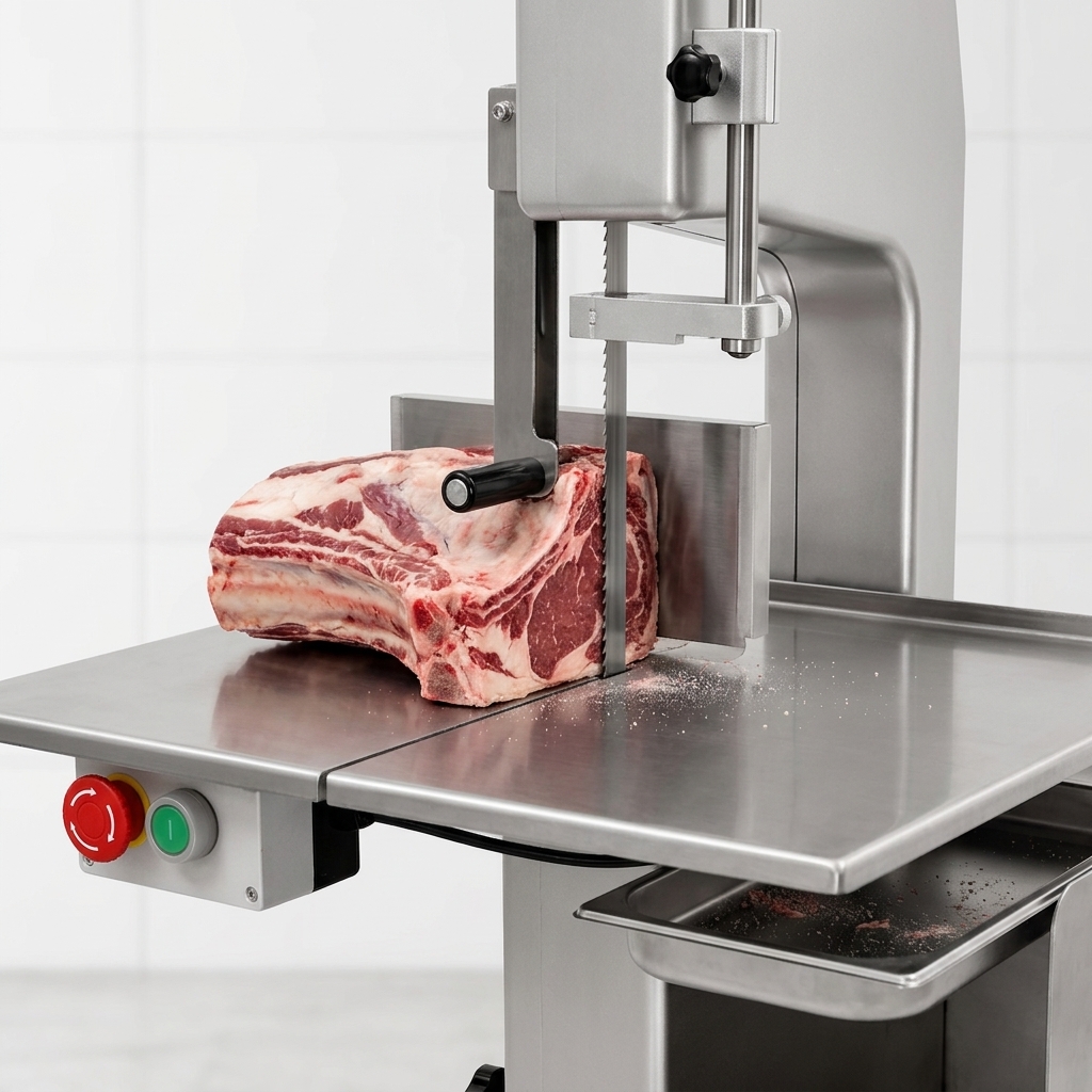 Controlled setup for cutting bone-in meat on a commercial band saw