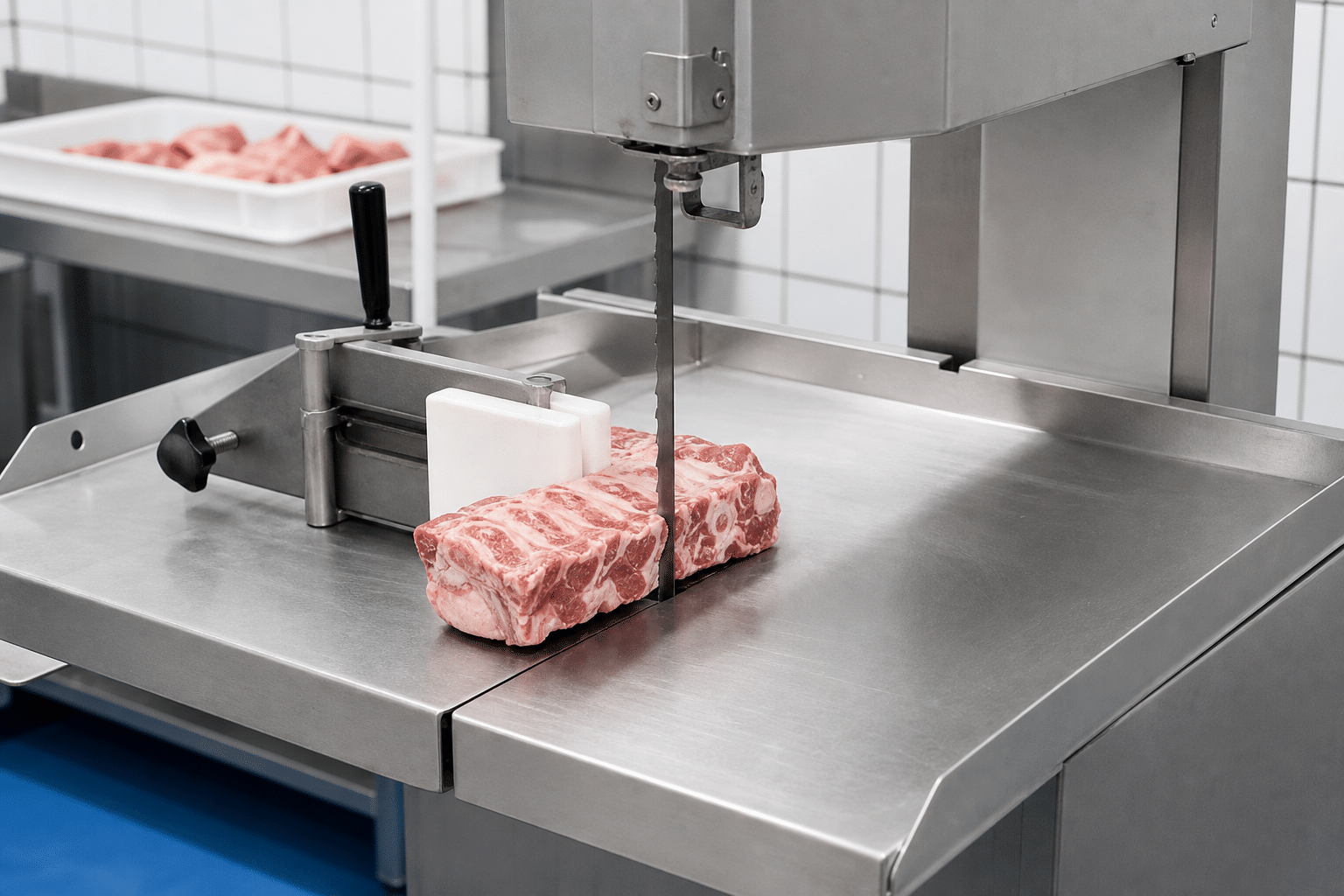 Controlled setup for cutting bone-in meat on a commercial band saw