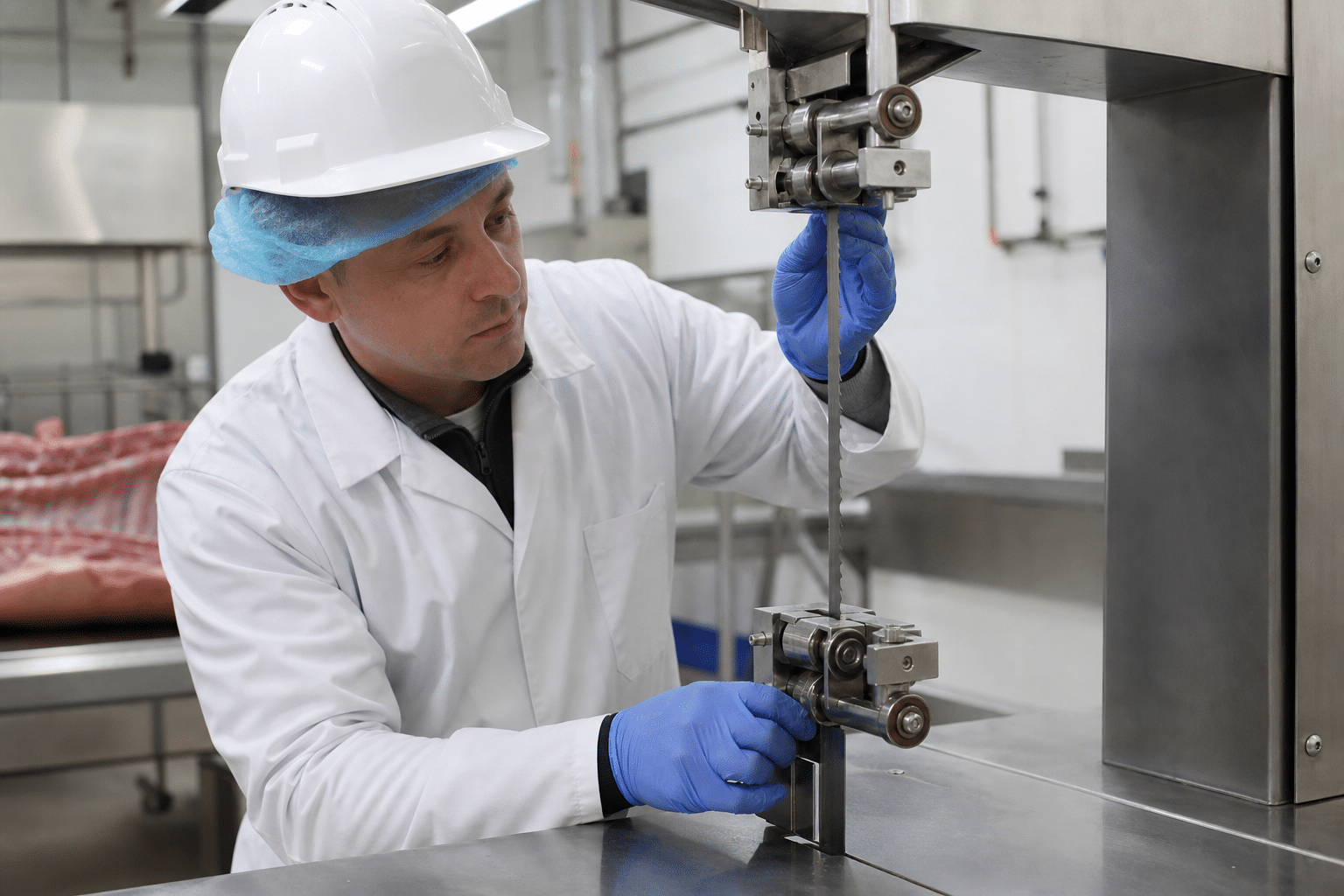 Inspection of a meat band saw blade and guide assembly