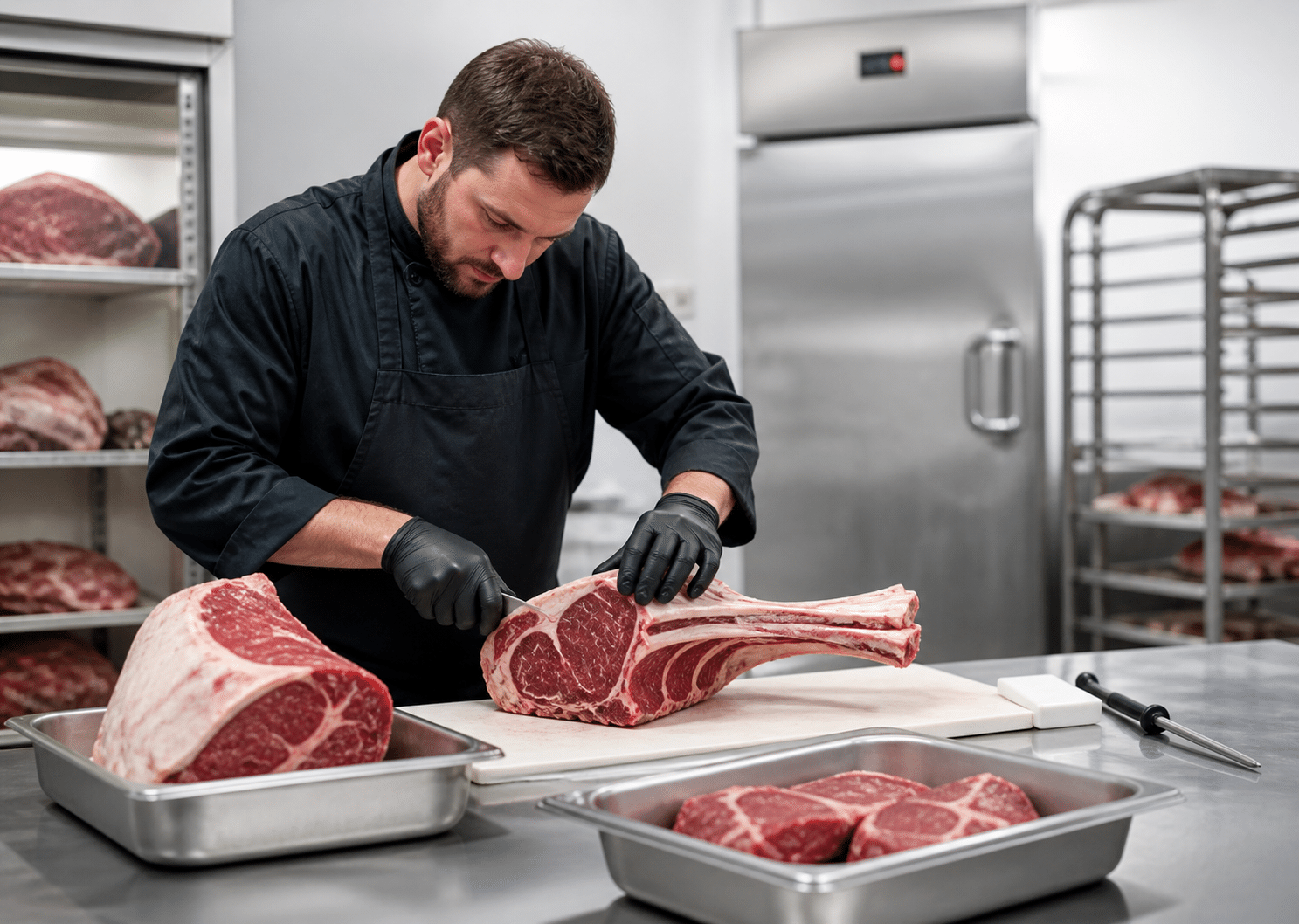 Chilled bone-in meat prepared for stable band saw cutting
