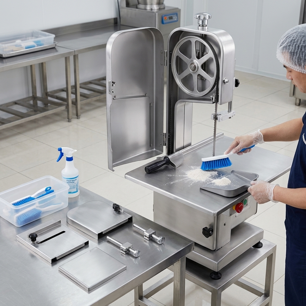 Safe cleaning of a commercial meat band saw after bone cutting