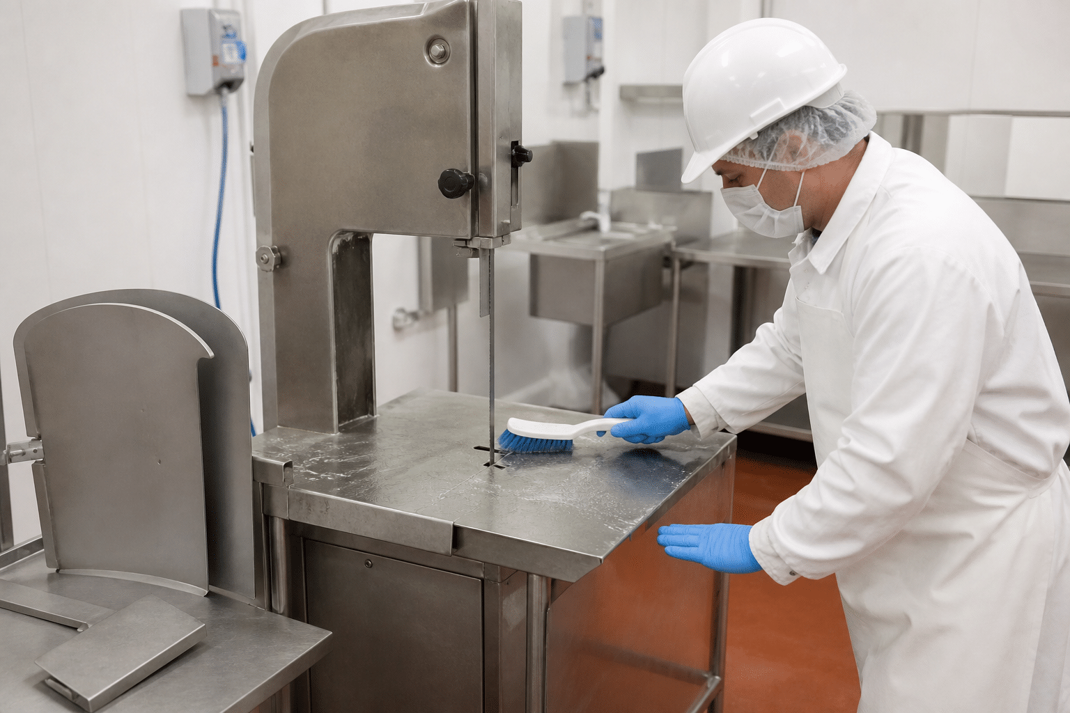 Safe cleaning of a commercial meat band saw after bone cutting