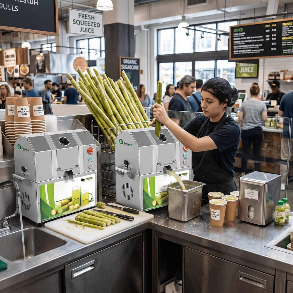 Commercial sugarcane juice business counter with sugarcane juicer and prepared cane