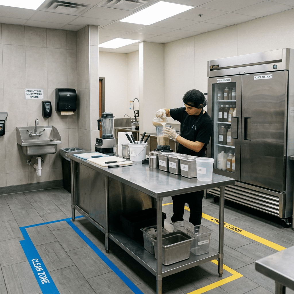 Clean sugarcane juice preparation area with food-service hygiene facilities