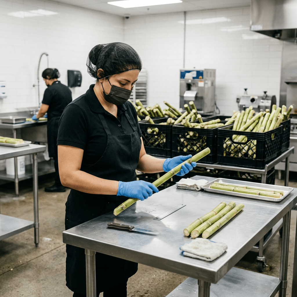 Worker inspecting fresh sugarcane for commercial juice preparation