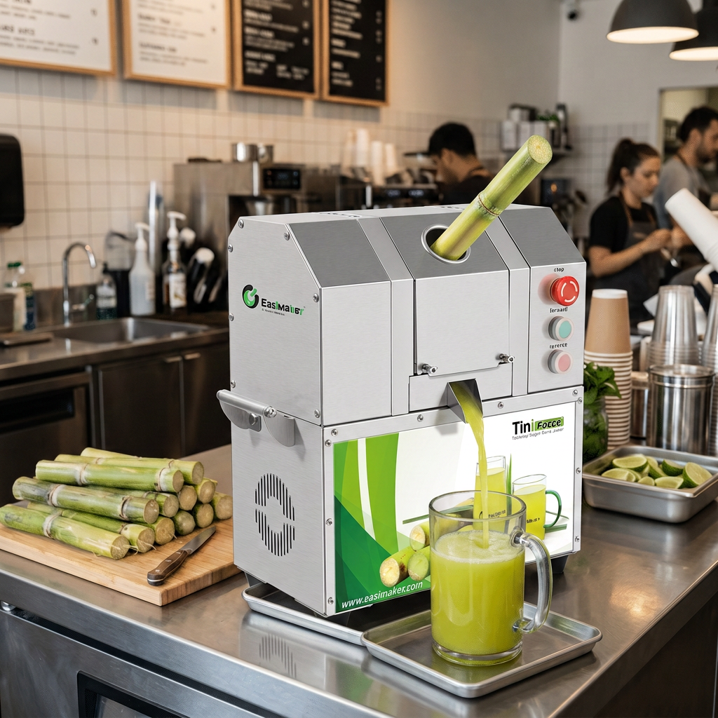 Commercial sugarcane juicer on a clean juice bar workstation