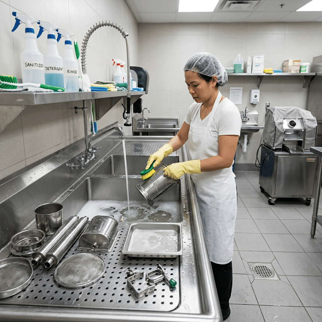 Operator cleaning commercial sugarcane juice equipment components