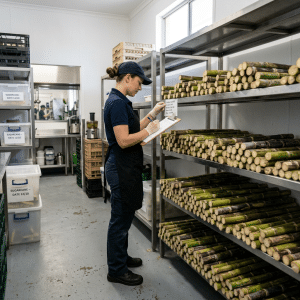 Whole sugarcane stored on raised racks in a clean commercial juice service area
