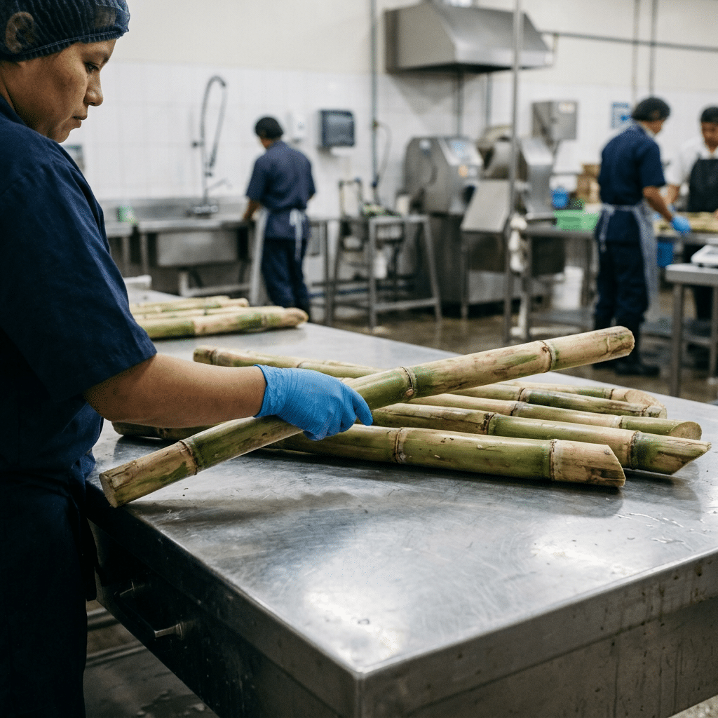Worker inspecting whole sugarcane stalks before juice service
