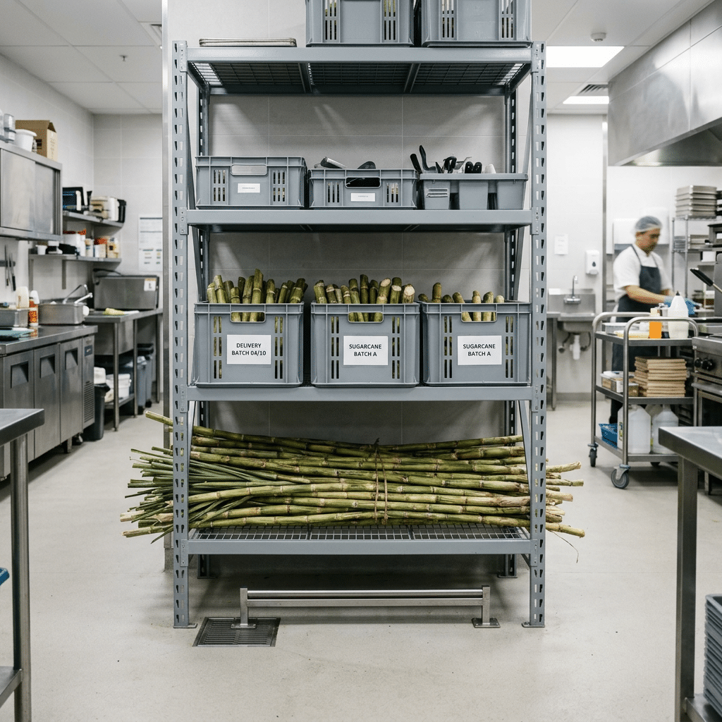 Sugarcane stored off the floor on clean racks in a commercial back room