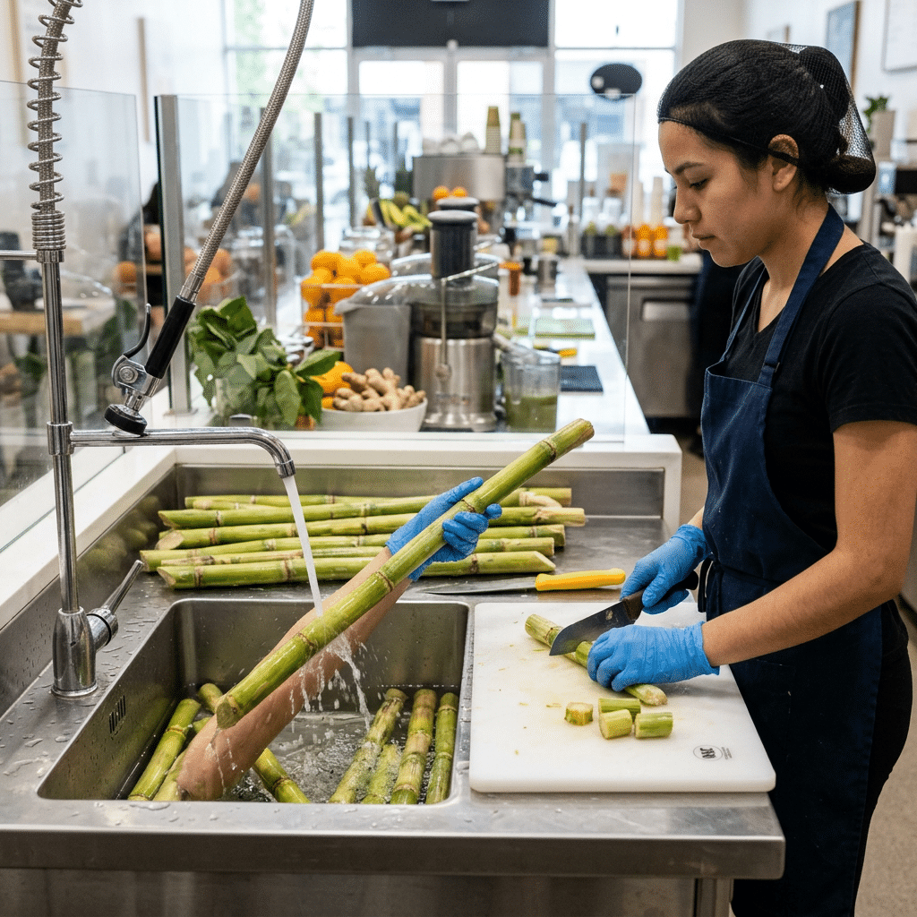 Sugarcane being washed and trimmed at a clean commercial preparation station