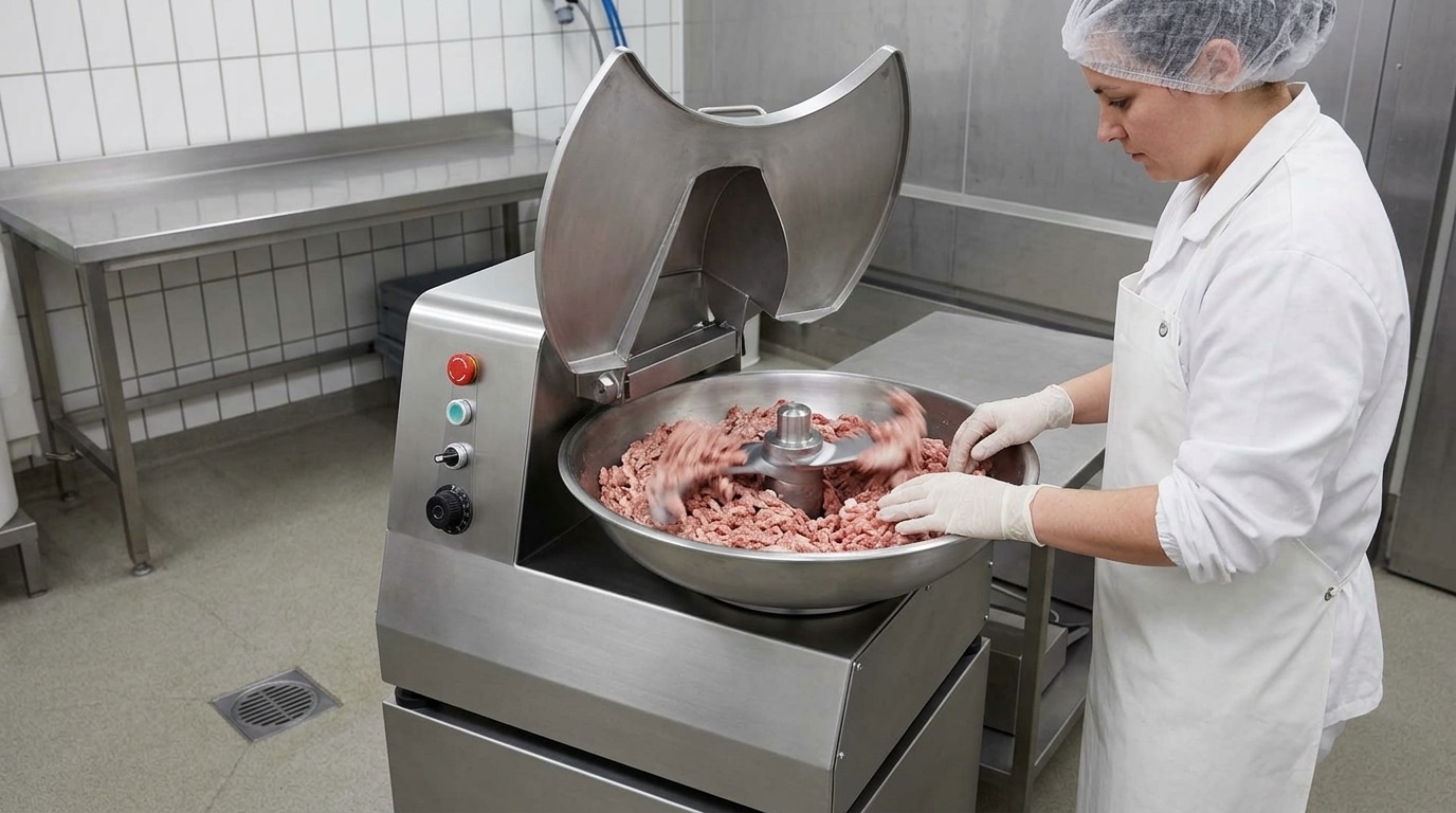 Commercial bowl cutter used for controlled meat processing in a clean production area