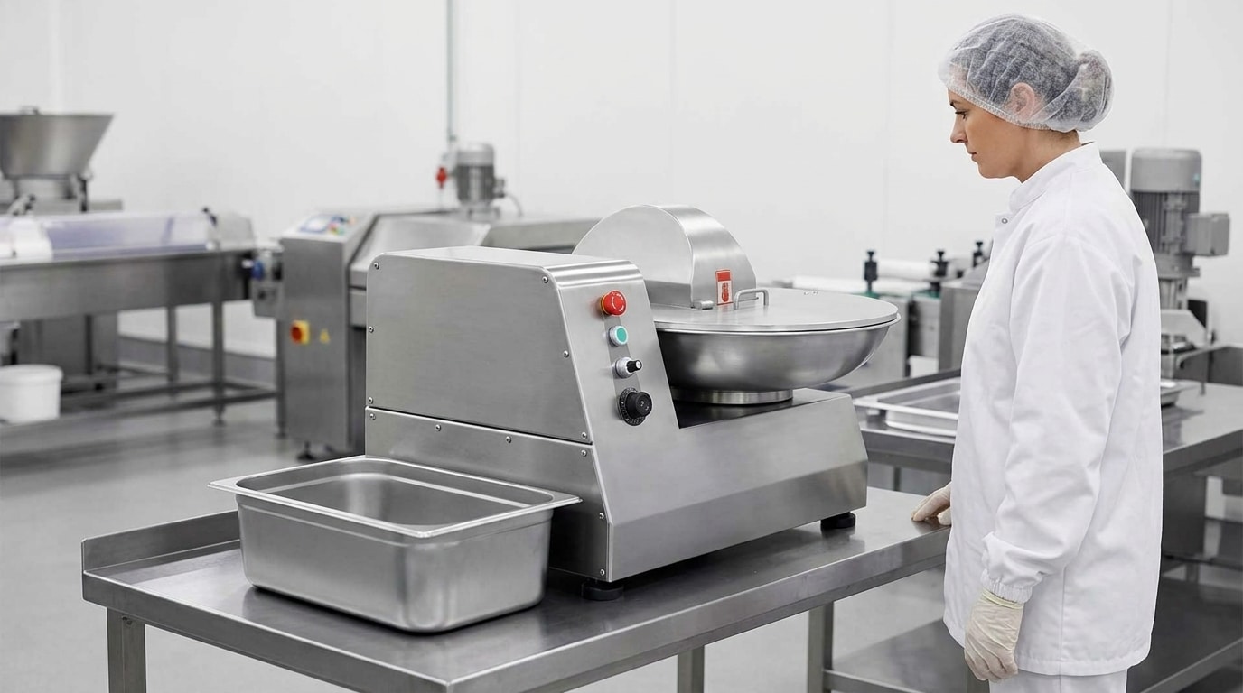 Operator monitoring a staged meat cutting process with a bowl cutter