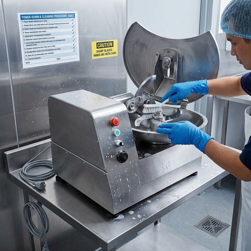 Cleaning and inspecting a commercial bowl cutter after meat processing