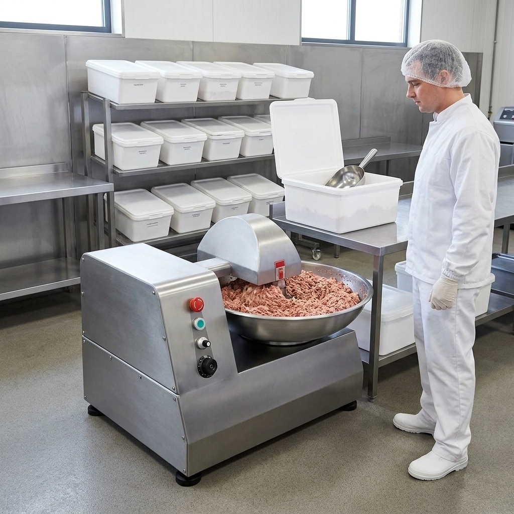 Commercial bowl cutter used for controlled sausage meat preparation in a hygienic food processing area