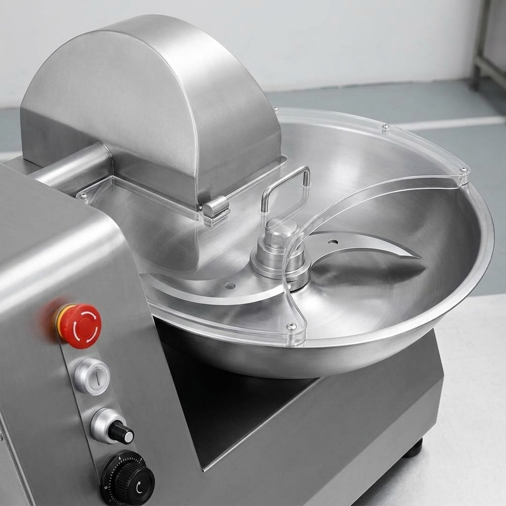 Key components of a commercial bowl cutter for sausage meat