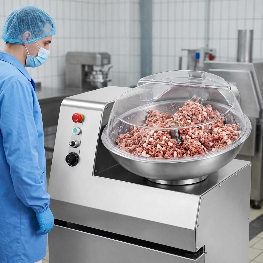 Sausage meat mixing in a commercial bowl cutter with safety cover closed
