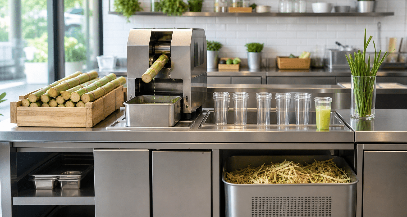 Clean commercial sugarcane juice workstation with separate preparation, juicing and waste areas