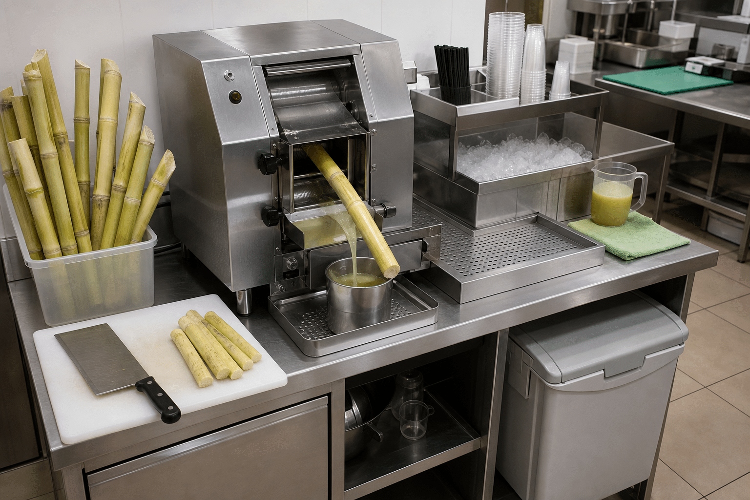 Organized commercial sugarcane juice workstation with clean work zones