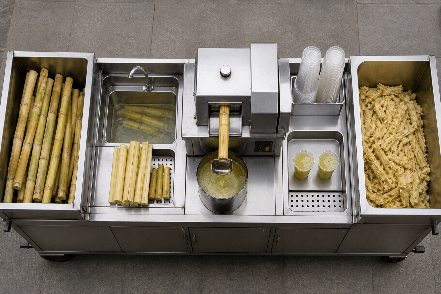 Sugarcane juice counter arranged from raw cane preparation to clean drink service