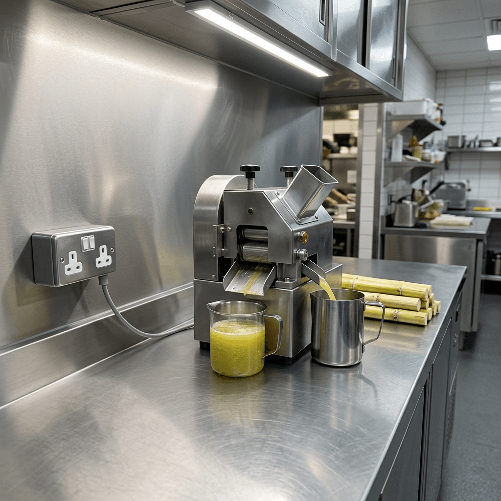 Commercial sugarcane juicer on a cleanable stainless steel preparation surface