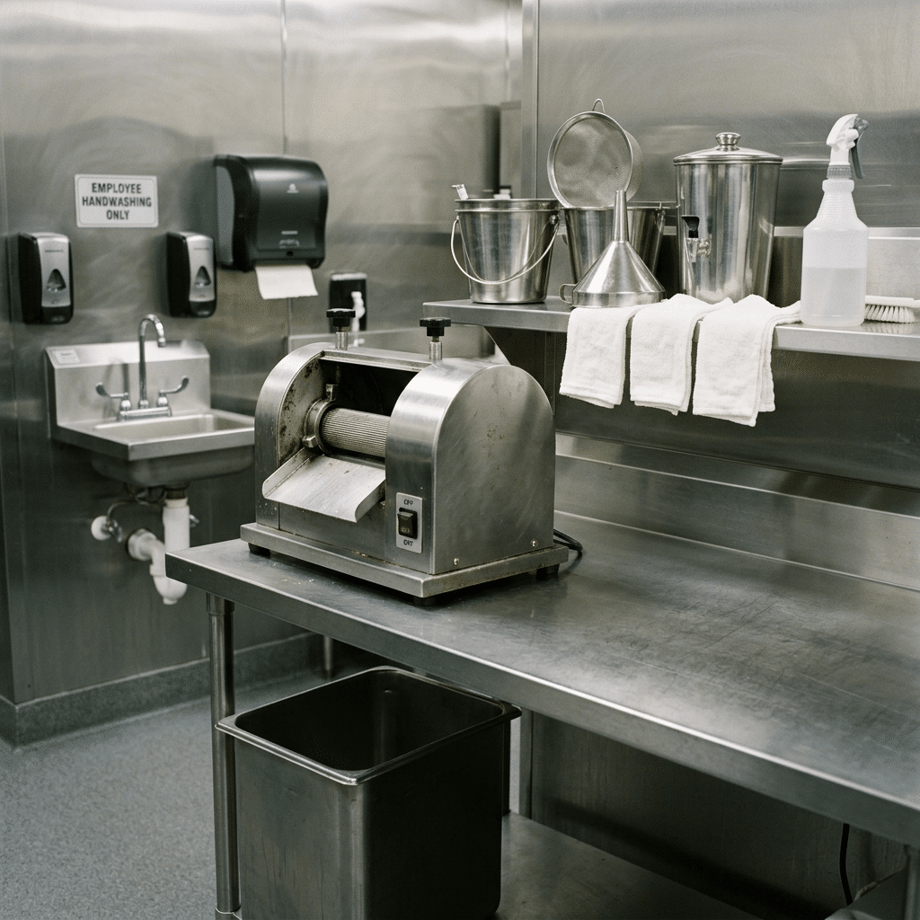 Organized cleaning supplies beside a commercial sugarcane juice workstation