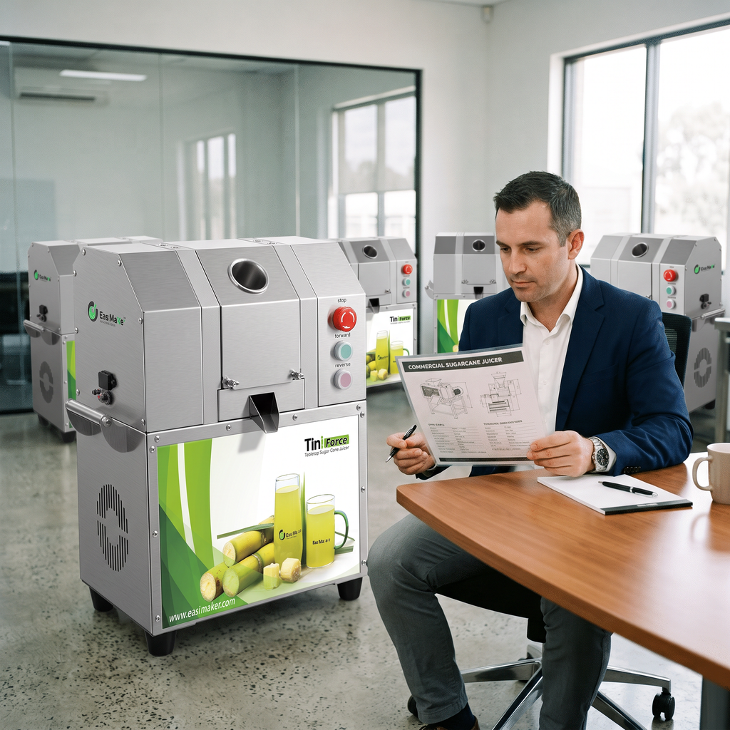 Buyer reviewing a commercial sugarcane juicer import specification
