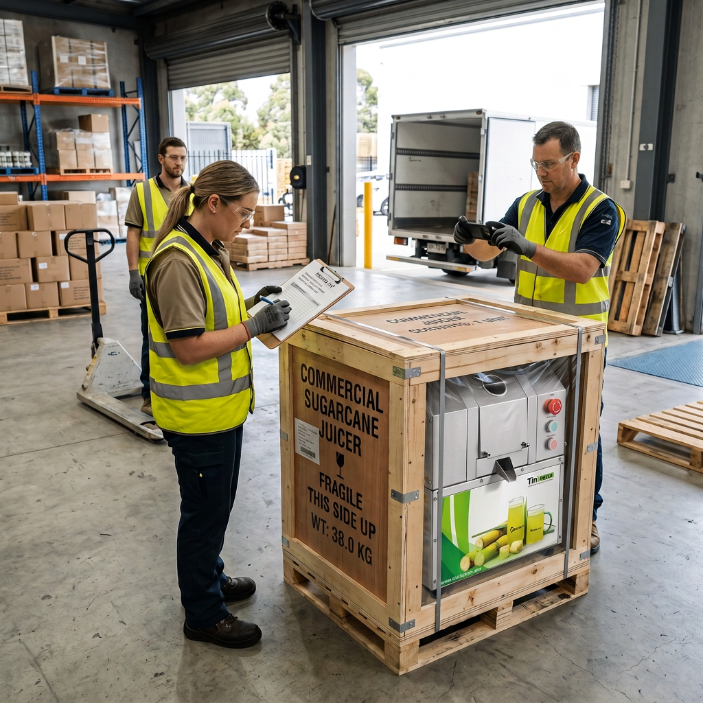 Inspecting a commercial sugarcane juicer shipment after delivery