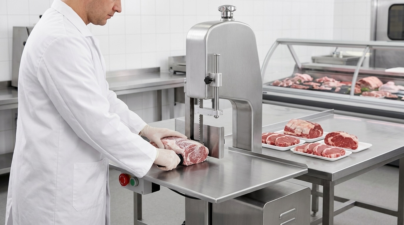 Commercial meat band saw set up for consistent portion cutting in a clean butcher workstation