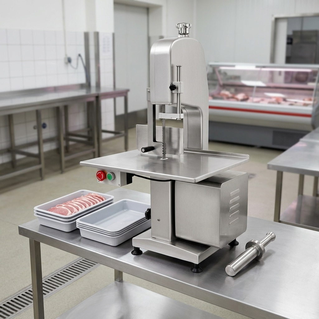 Commercial meat band saw with a thickness guide set for portion control