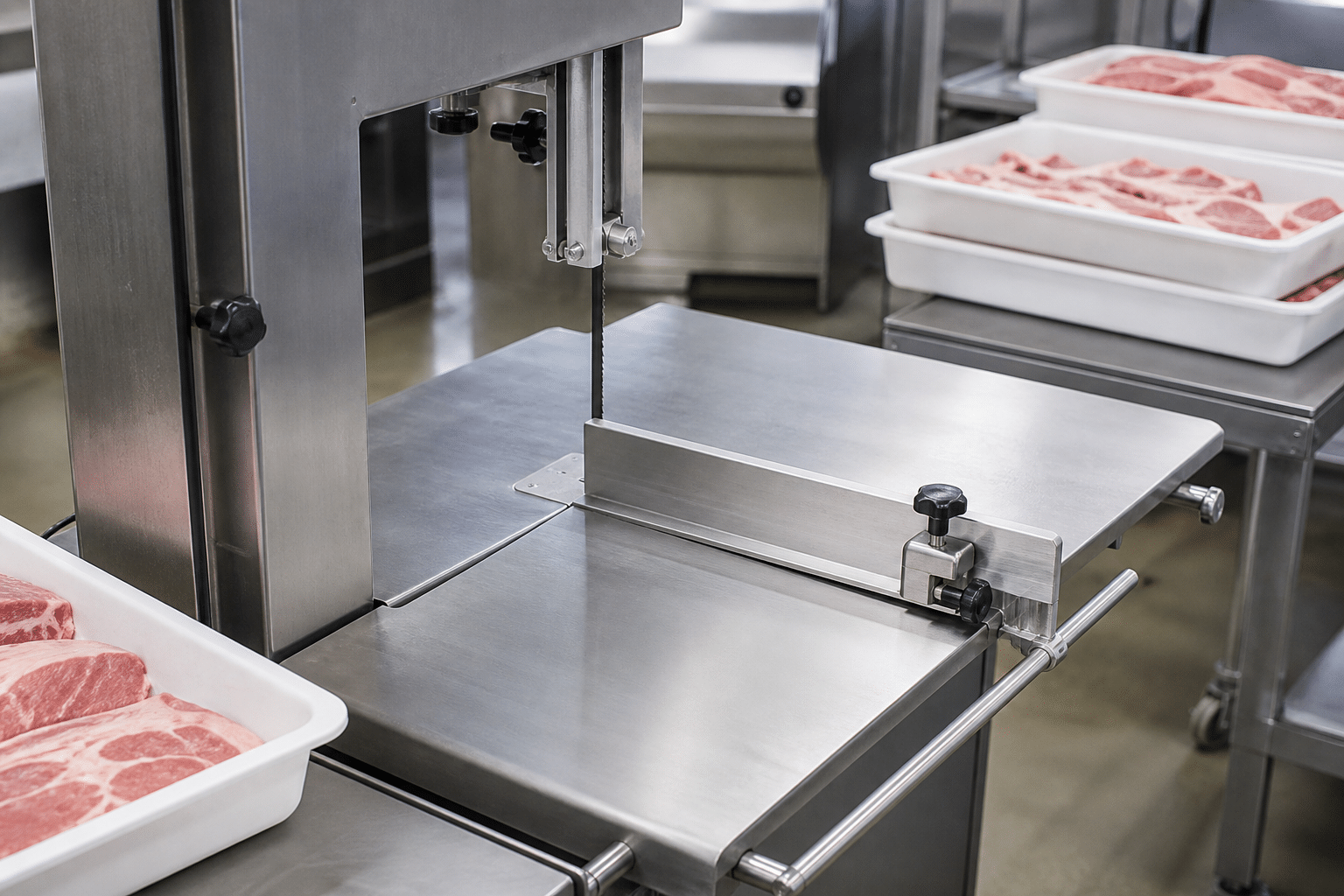 Commercial meat band saw with a thickness guide set for portion control