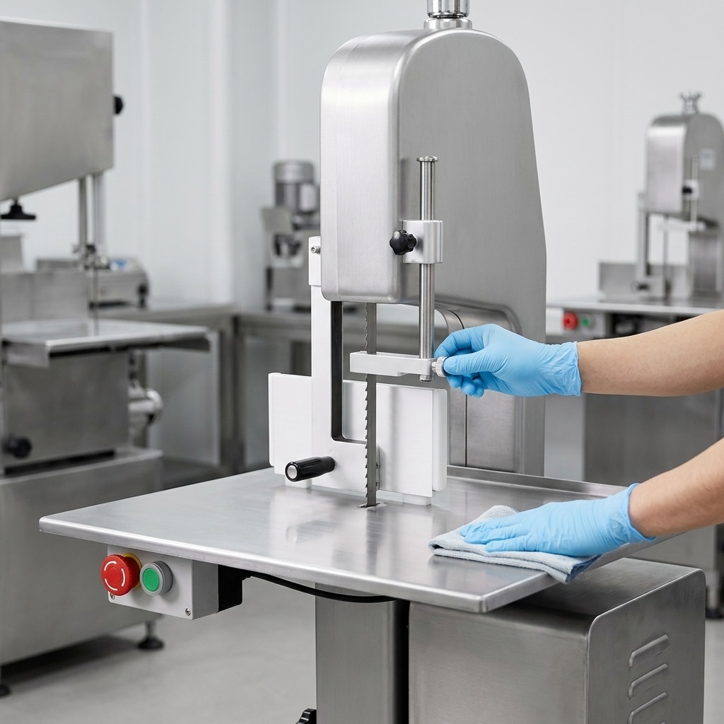 Operator inspecting the guide and clean table of a commercial meat band saw