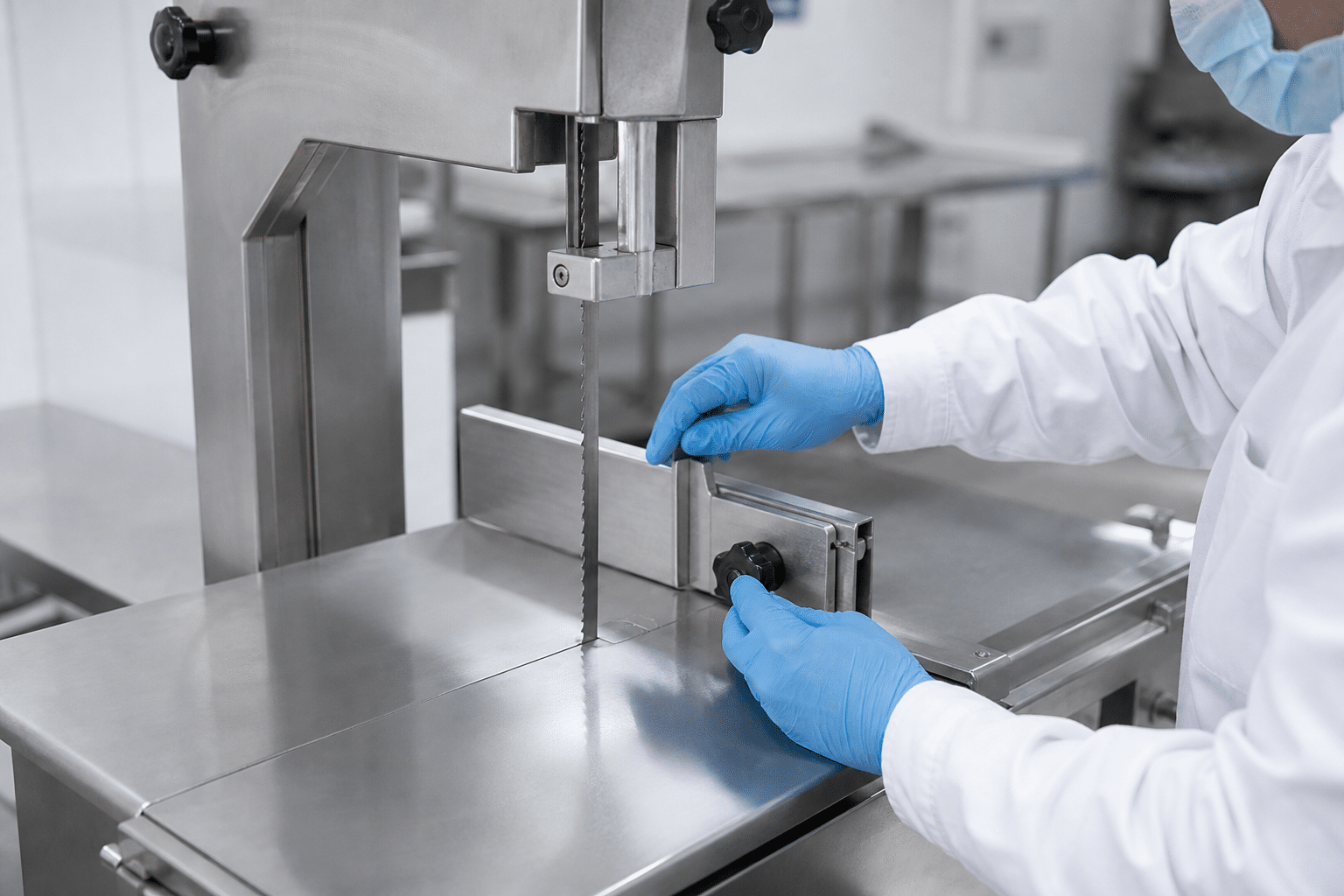 Operator inspecting the guide and clean table of a commercial meat band saw