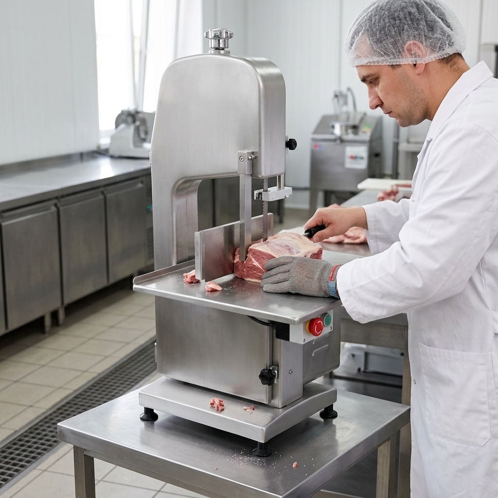 Safe steady feeding technique for a commercial meat band saw
