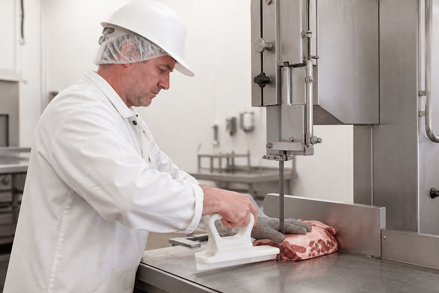 Safe steady feeding technique for a commercial meat band saw