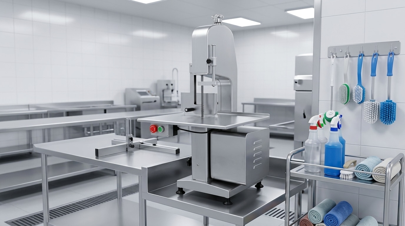 Clean and organized commercial meat band saw workstation